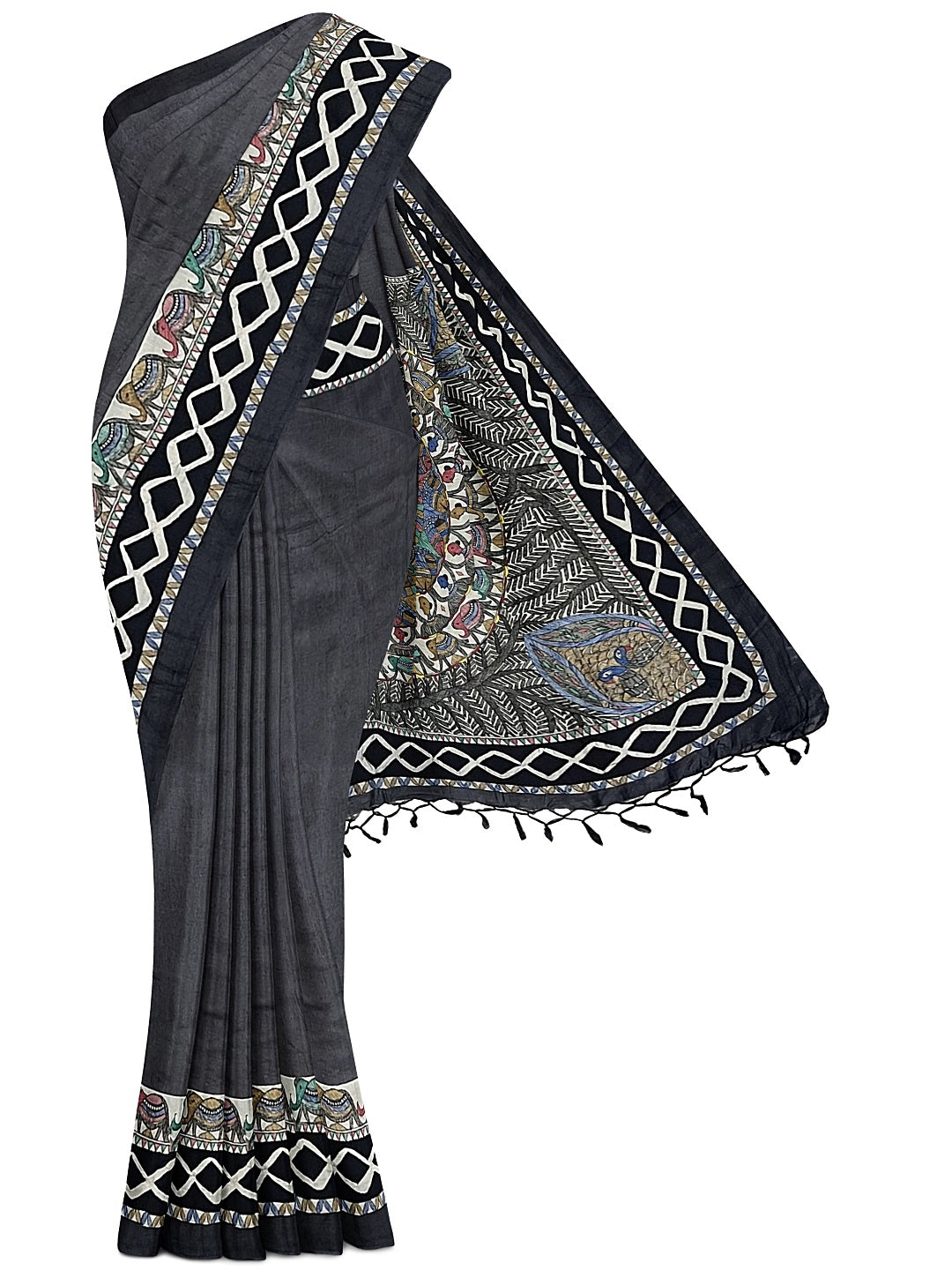 Handpainted Madhubani Saree in Godhna Style – Black Tussar Munga Silk